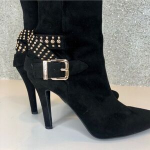 BCBG TALL BLACK BOOTS WITH GOLD HARDWARE